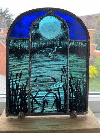 moonlight heron commisssion stained glass panel arch