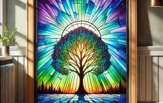 stained glass artwork of a tree in beautiful lighting made of coloured stained glass